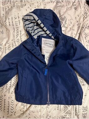 Carter's Navy Hooded Rain Jacket with Striped Hood Lining